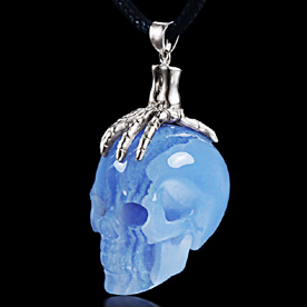 Necklace of Blue Lace Agate & 925 Sterling Silver Bone Carved Crystal Skull Pendant with 925 Sterling Silver Chain